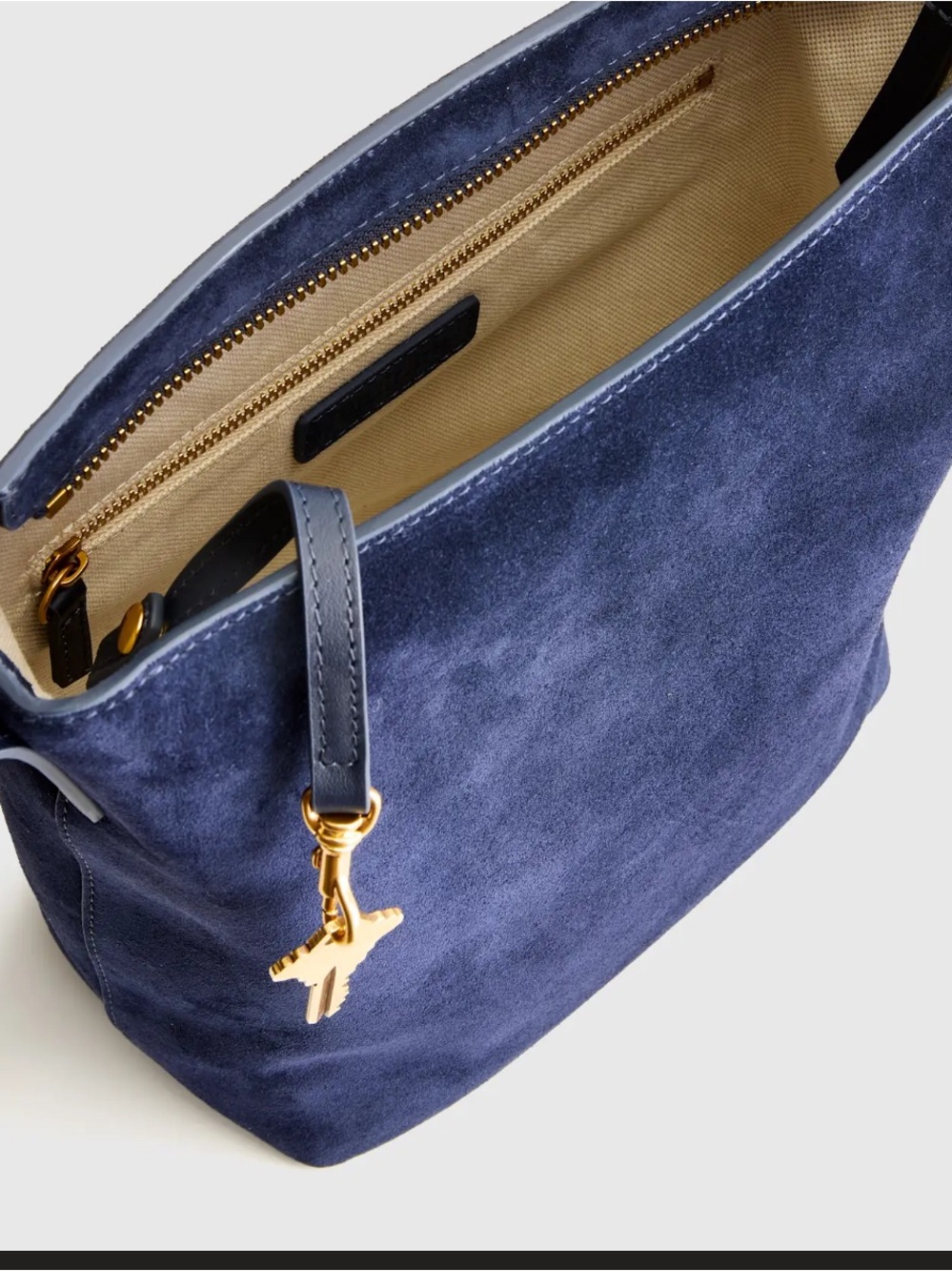 NWT and Dustbag Quince Italian Suede Bucket Crossbody in Navy. - Picture 5 of 14